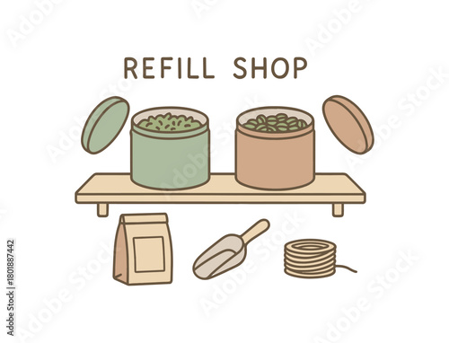 flat vector handdrawn soft palette clean outlines white background refill shop tea and coffee shelf canisters open scoop paper pouch blank twine no logos