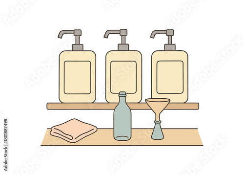 flat vector handdrawn soft palette clean outlines white background refill shop cleaning liquids bar pump columns bottle drip cloth funnel no logos