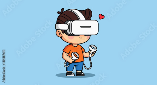 Adorable cartoon boy wearing a virtual reality headset and holding controllers.