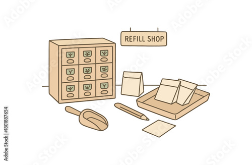 flat vector handdrawn soft palette clean outlines white background refill shop garden seeds drawers envelopes blank scoop pencil tray no logos