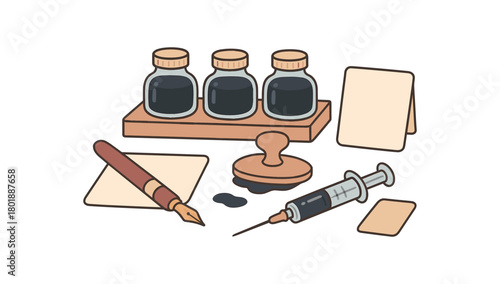 flat vector handdrawn soft palette clean outlines white background refill shop ink refill desk fountain pen bottle syringe blotting paper card blank no logos