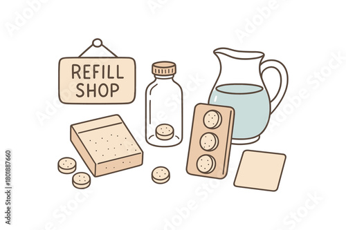 flat vector handdrawn soft palette clean outlines white background refill shop cleaning tablets glass bottle tablet pack water jug instruction card blank no logos