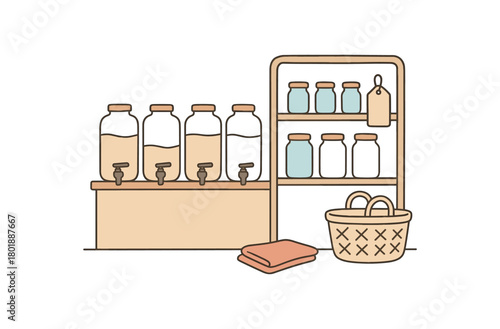 flat vector handdrawn soft palette clean outlines white background refill shop container rental shelf jars lids deposit tag blank basket towel no logos