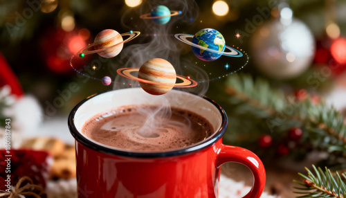 Steaming cup of cocoa with floating mini Christmas planets orbiting above it. Cozy surrealism.