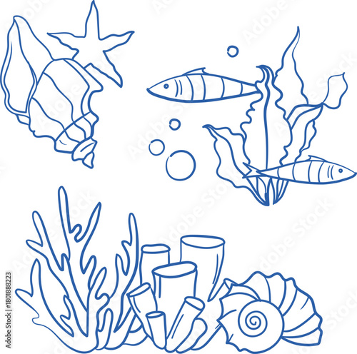 Hand-drawn graphic blue line art underwater compositions with shells, fish, coral, seastar and bubbles in Mediterranean style