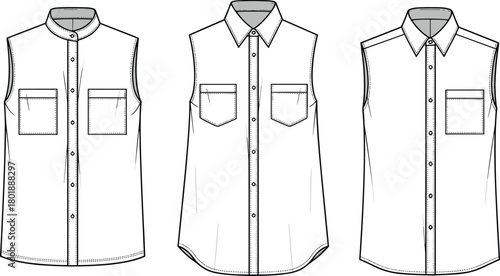 sleeveless shirt, fashion sketch, technical drawing, flat sketch, button-up, collar, pocket, front view, apparel design, garment illustration, mandarin collar, pointed collar, curved hem, 