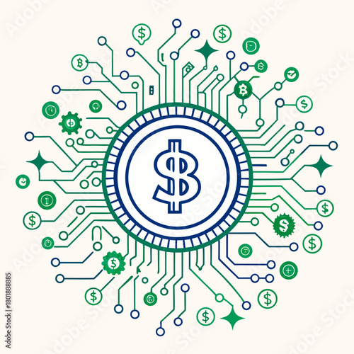 Modern digital currency design for financial tech businesses, showcasing blockchain innovation and secure online transactions, originally created as scalable vector