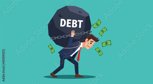 Businessman burdened by a large rock labeled DEBT with falling money.