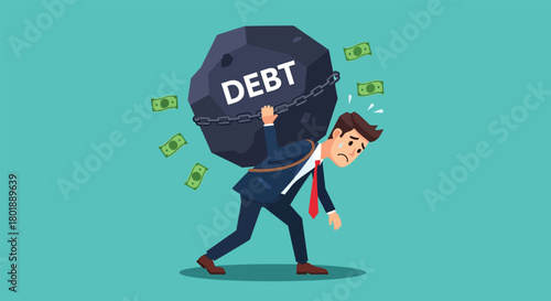 Businessman struggling under the immense weight of a large DEBT boulder.