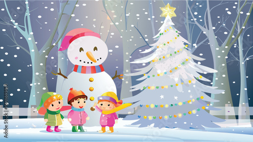 Joyful children happily playing and befriending a large fluffy snow creature during a winter day creating a heartwarming scene of friendship and outdoor fun