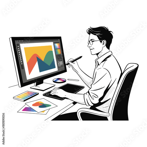 Graphic designer with stylus and monitor transparent background.