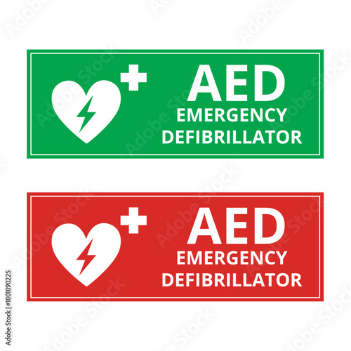 Green and red AED emergency defibrillator sign isolated on a white background