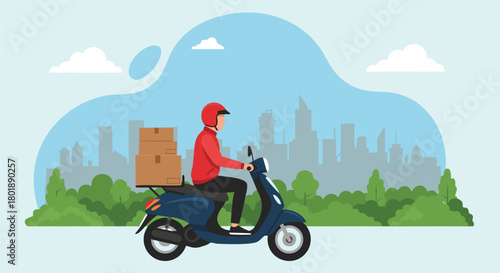 Delivery on Scooter with City Skyline Background, Modern Courier Service Vector Illustration