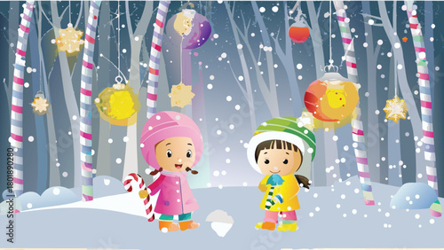 Whimsical children joyfully explore a vibrant candy cane forest filled with colorful gumdrops creating a magical and sweet adventure scene perfect for holiday or fantasy themes
