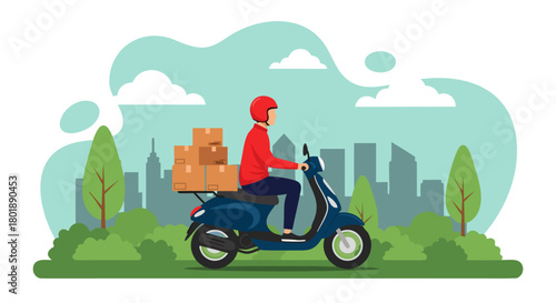 Fast and reliable delivery service Courier on a scooter transports packages through the city, ensuring quick and efficient shipment for customers