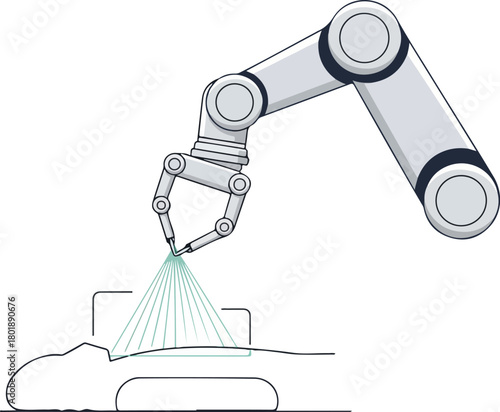 A robotic arm with a laser cutting tool is precision-cutting a car body part on a white background, showcasing health tech icon and industrial automation in a technical drawing style.