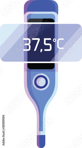 A digital health tech icon displaying a temperature reading on a sleek, blue, modern thermometer with a numeric screen in a clean, minimalist style.