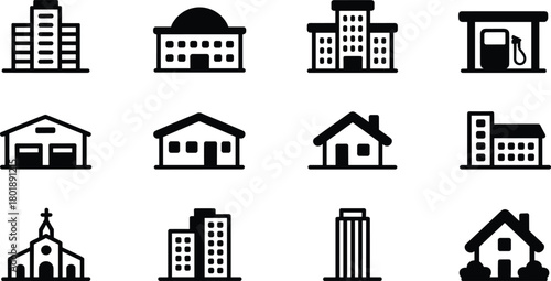 Collection of diverse building and house icons representing residential homes, commercial structures, public facilities, urban architecture, real estate symbols, and modern infrastructure
