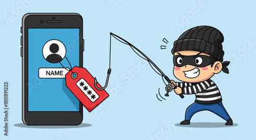 Cartoon thief with fishing rod attempts to steal data from smartphone.