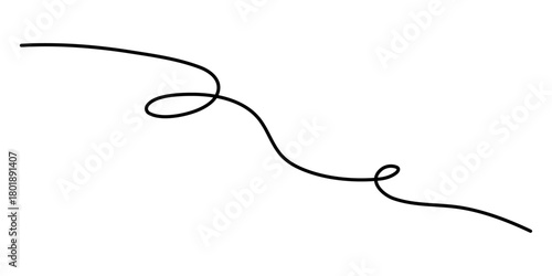 Wavy curly stroke one line art, hand drawn scribbly dividing element drawing continuous contour. Twiddle swirl separator curve strip with volutes and tendril design. Isolated. Editable stroke. Vector