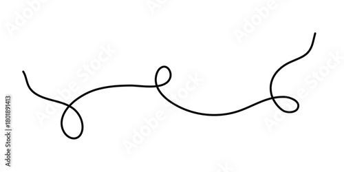 Wavy curly stroke one line art, hand drawn scribbly dividing element drawing continuous contour. Twiddle swirl separator curve strip with volutes and tendril design. Isolated. Editable stroke. Vector