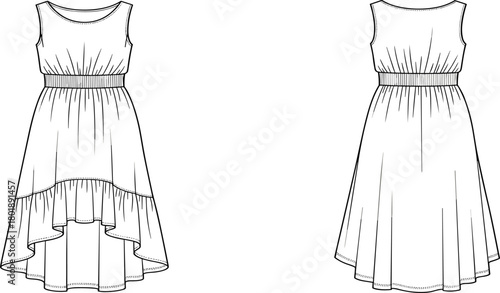 Elegant high-low dress fashion sketch, front and back technical flat illustration, sleeveless garment design, ruffle hem, apparel template, vector outline drawing