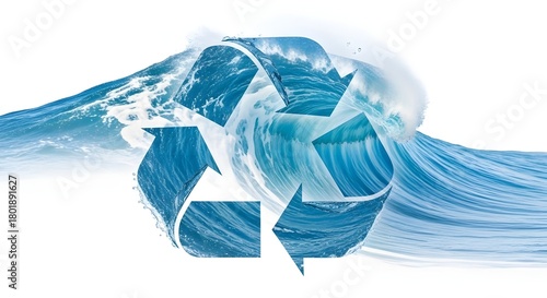 Fototapeta Naklejka Na Ścianę i Meble -  Recycle symbol formed by a powerful ocean wave crashing, symbolizing environmental protection