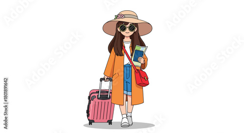 Cartoon Woman with Hat and Suitcase Ready for Travel Adventure.