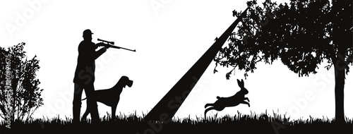 Silhouette hunter aiming rifle with hunting dog and fleeing rabbit in outdoor woodland scene, wildlife chase illustration under dramatic forest shadow
