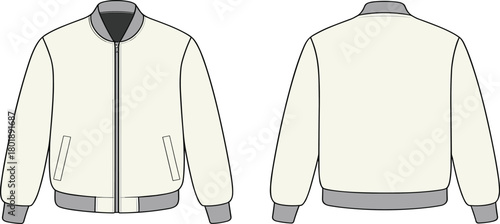 Minimalist bomber jacket vector illustration, front and back view, fashion flat sketch, apparel design template, outerwear mockup, clothing technical drawing
