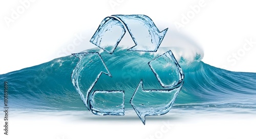 Fototapeta Naklejka Na Ścianę i Meble -  Recycling symbol made of water in front of a large ocean wave