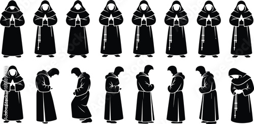 Hooded monk silhouettes in various prayer and meditation poses, depicting spiritual tradition, religious symbolism, ancient cloaked figures, monastic robes, and contemplative scenes