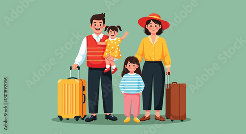 Cheerful Family of Four Ready for Vacation with Luggage.