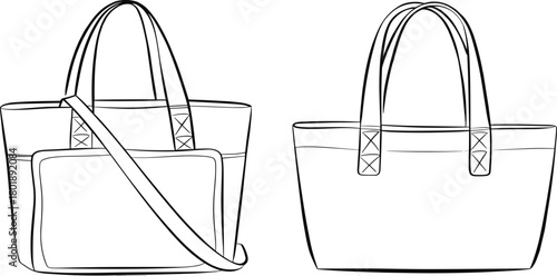 Tote bag vector illustration featuring front and back views, detailed line artwork, fashion accessory design template, handbag outline sketch for product presentation
