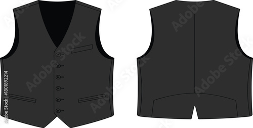 Classic formal vest front and back technical flat sketch, men’s waistcoat design illustration, tailored apparel template, fashion garment outline drawing