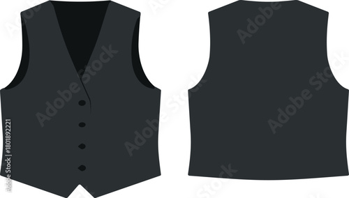 Classic men’s formal vest front and back vector illustration, tailored waistcoat flat sketch design, elegant apparel template for fashion presentations