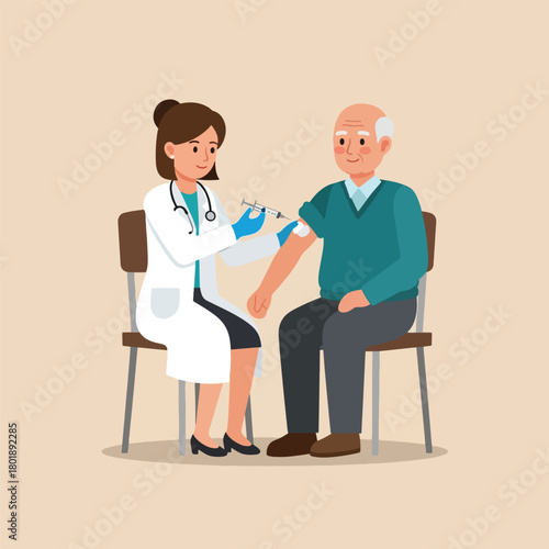 Doctor administering vaccine injection to elderly man sitting on chair.
