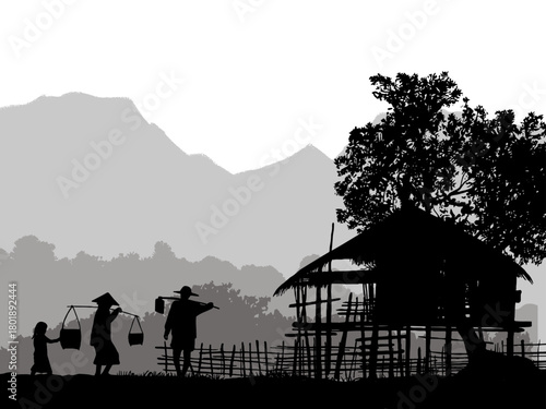 Farmer, Children, Rural life, Mountains, Silhouette, Traditional, Asian culture, Village scene, Farming, Agriculture, Countryside, 