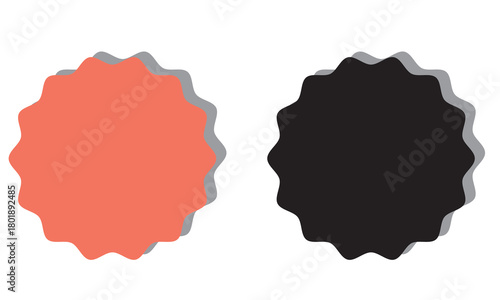 Wavy Badge Shapes in Coral and Black. Two blank wavy-edge badge shapes, one coral and one black with soft drop shadows, useful for labels, stickers, or graphic design elements.

