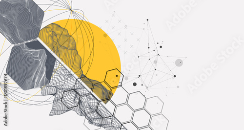 Abstract wireframe background. Modern science or technology art elements. Surface illustration inside circles