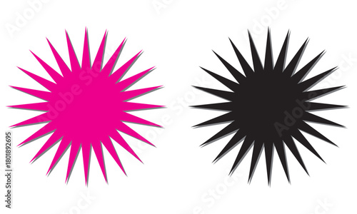 Wavy Badge Shapes in Coral and Black. Two blank wavy-edge badge shapes, one coral and one black with soft drop shadows, useful for labels, stickers, or graphic design elements.

