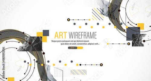 Minimal abstract composition with wireframe waves, geometric shapes, dots, and lines.