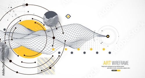 Abstract composition with wireframe wave, dots, and lines. Vector.