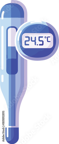 Digital illustration of a blue thermometer with a temperature display showing 24.5 degrees Celsius on a clean white background, conveying a health tech icon concept with cool tones.