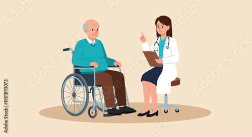Elderly Man in Wheelchair Consults with Female Doctor.