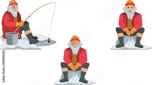 An elderly fisherman sits calmly by a frozen river enjoying a peaceful winter scene this illustration captures the tranquility of nature and a moment of quiet reflection