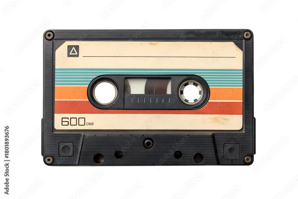 Obraz premium Retro cassette tape from the 1980s with colorful stripes, a nostalgic symbol of old technology and music