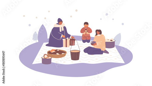 Whimsical illustration of a family enjoying a cozy ice fishing picnic complete with warm food and comfortable blankets perfect for winter holiday designs