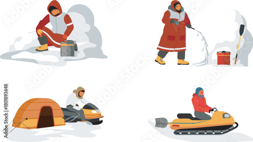 An extreme ice fishing expedition unfolds on a remote frozen tundra landscape showcasing the rugged beauty of winter wilderness and adventurous pursuit