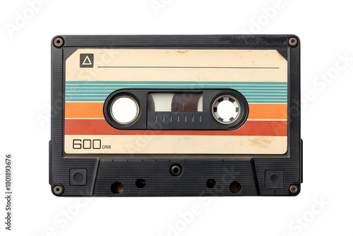 Retro cassette tape from the 1980s with colorful stripes, a nostalgic symbol of old technology and music